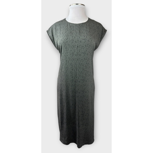 Eileen Fisher 100% Silk Round Neck Maxi Shift Dress Gray Black Print Size Large - Picture 4 of 16